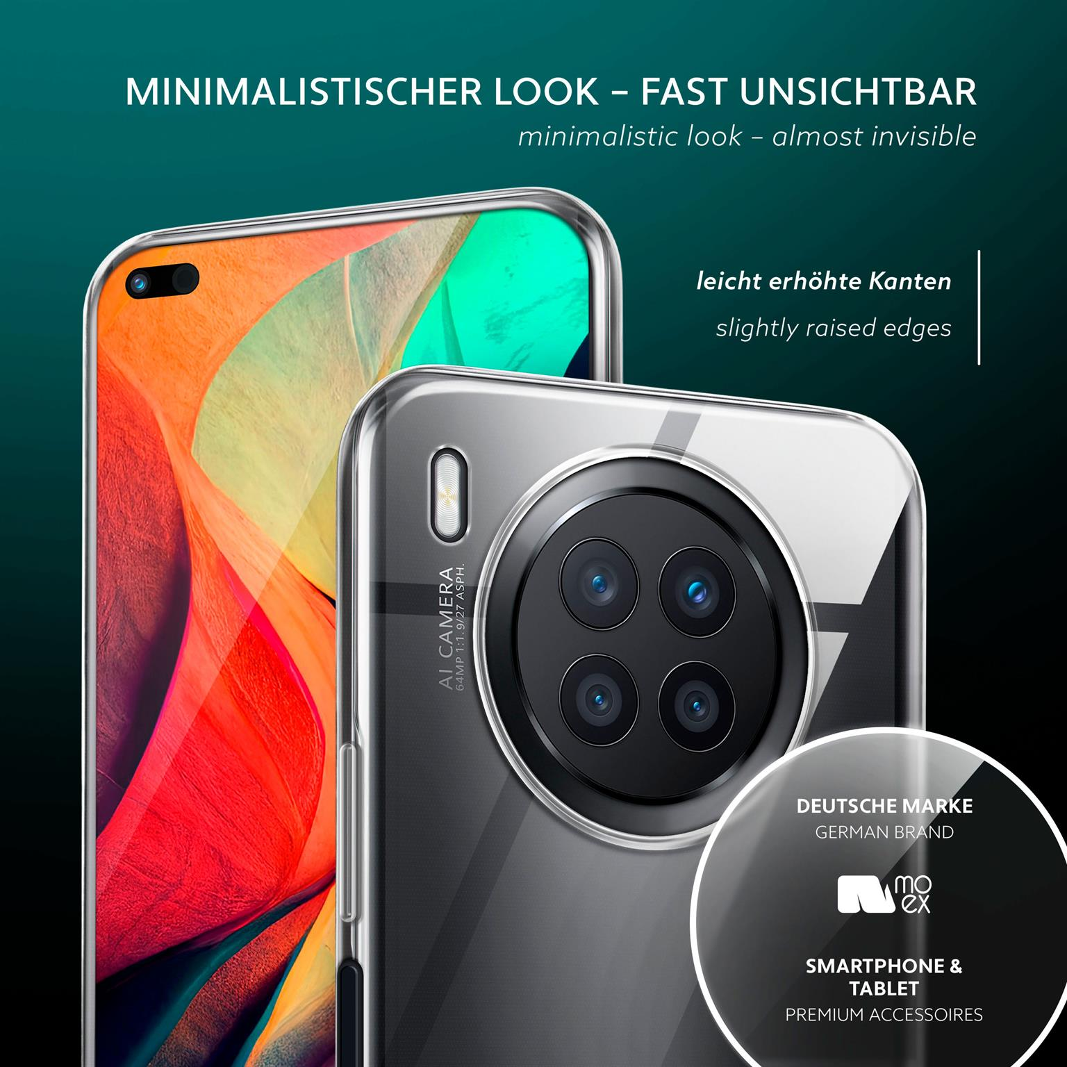 Transparente Handyhülle mit Telefon. Leicht erhöhte Kanten. Deutsches Markenlogo sichtbar.