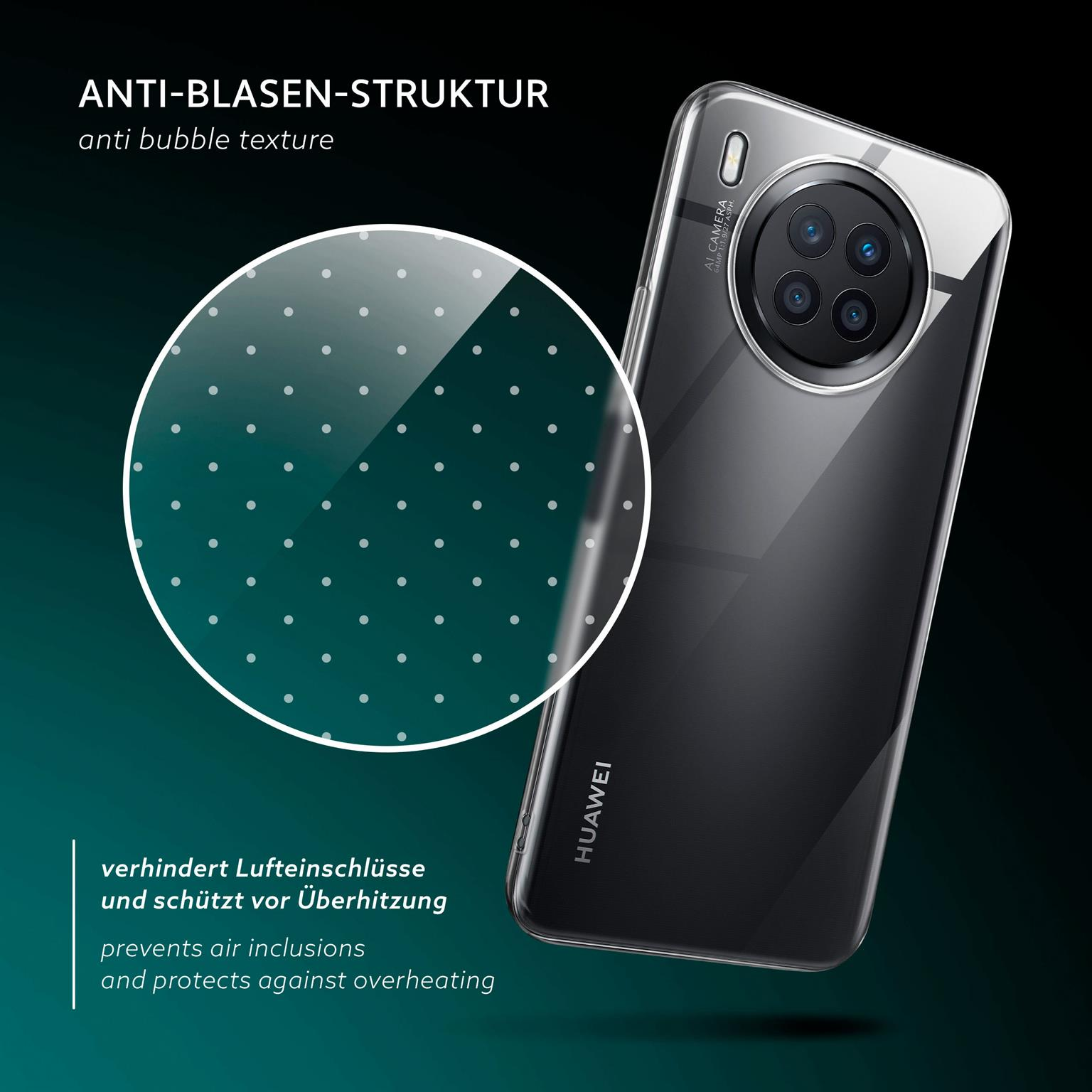 Handyhülle mit Design, das Anti-Blasen-Struktur und Kamera zeigt. Text: Anti-Blasen-Struktur.