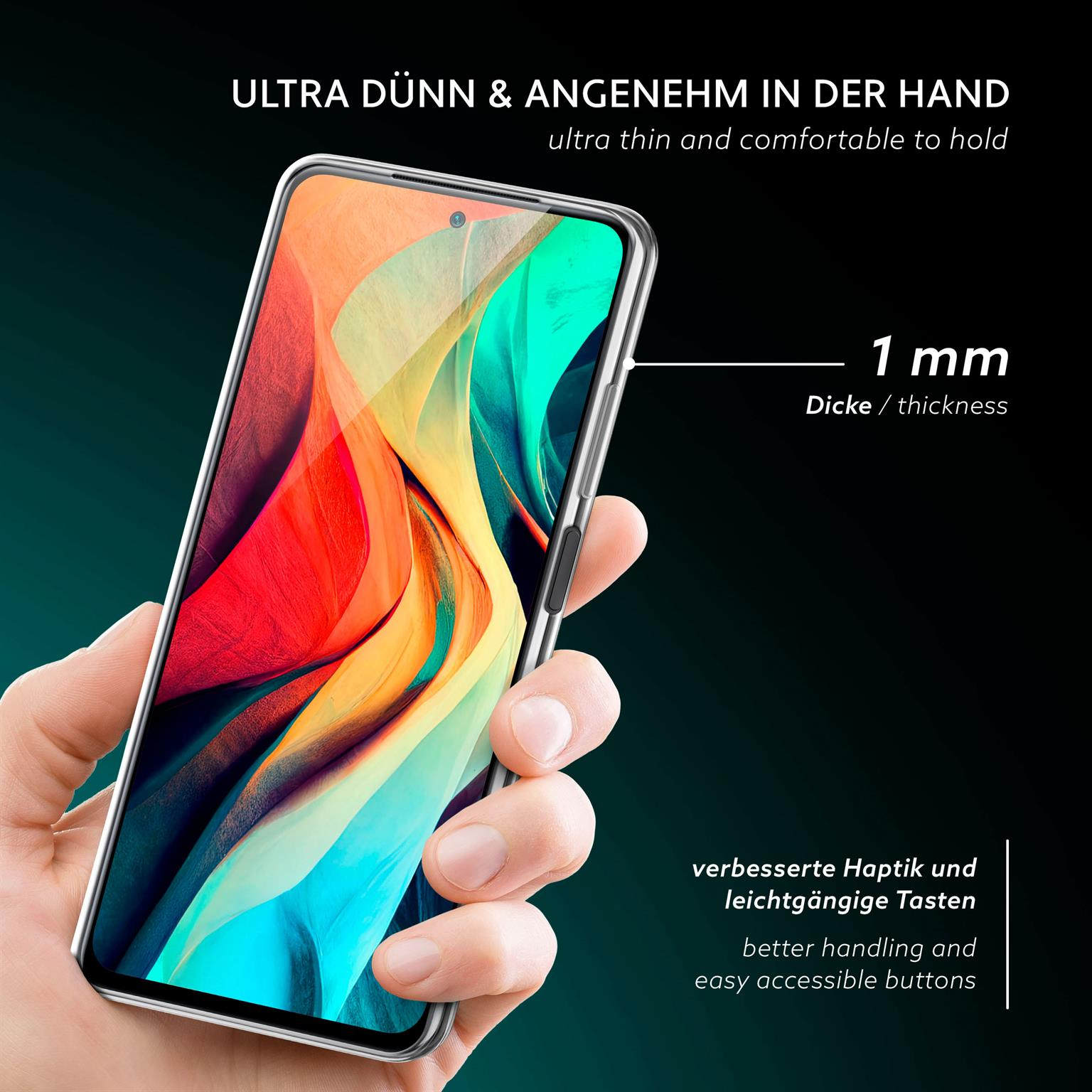 Hand hält transparente Handyhülle. Text: Ultradünn & angenehm. Hülle ist dünn, 1mm Dicke.