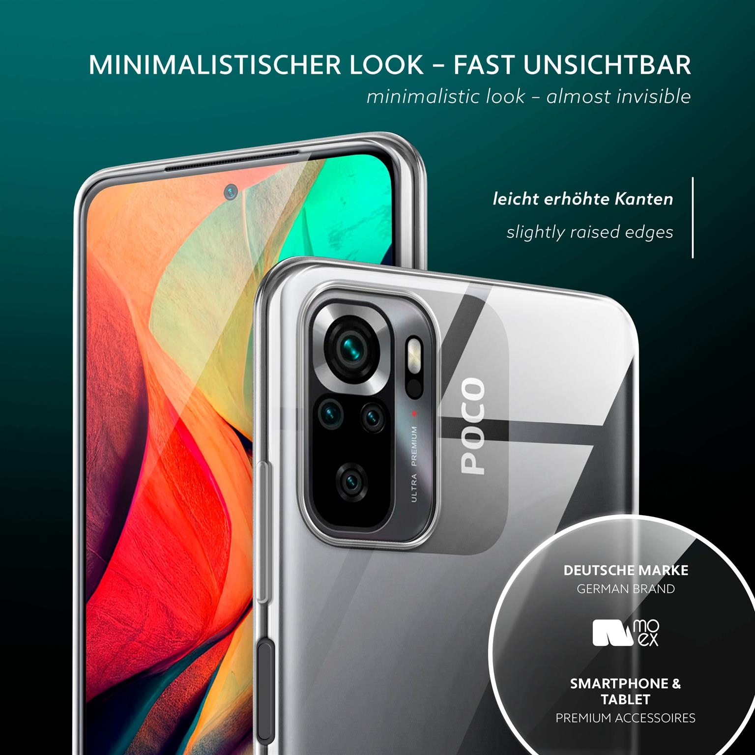 Telefon mit klarer Hülle, Marke sichtbar. Dunkler Hintergrund.