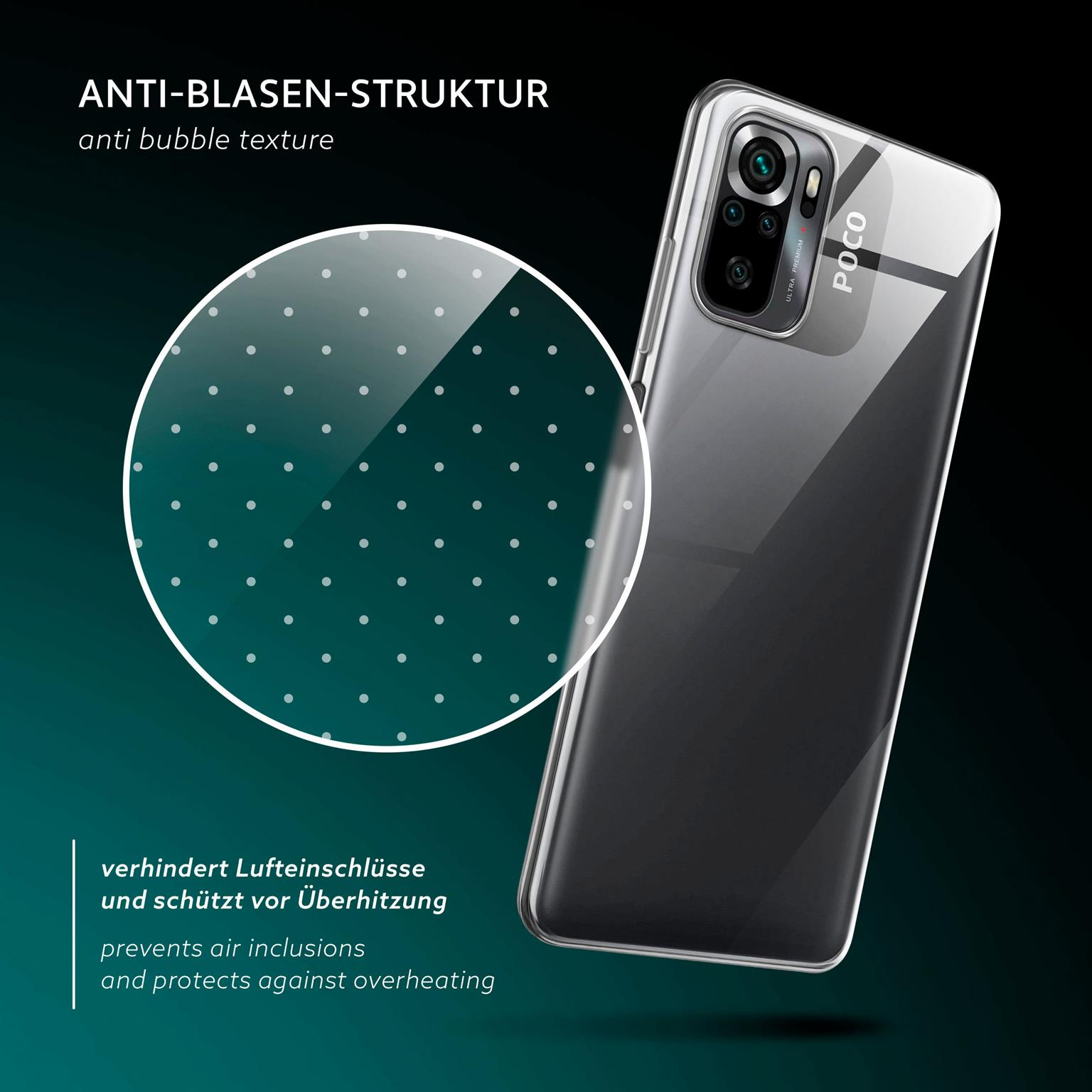 Transparente Handyhülle auf einem Telefon, Nahaufnahme der Anti-Blasen-Textur mit Logo.