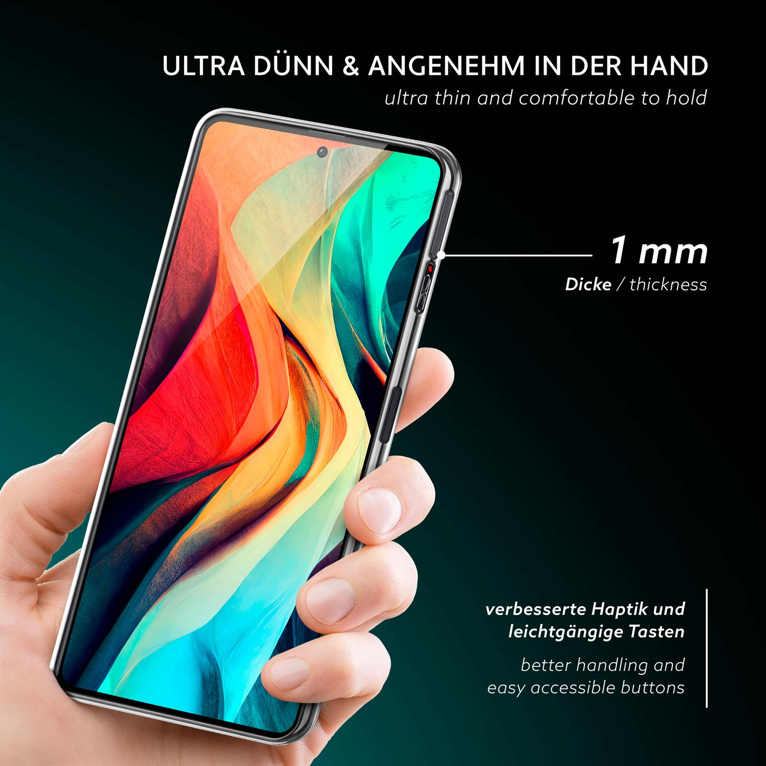 Hand hält eine Handyhülle. Text: 1 mm Dicke. Schwarzer Hintergrund.