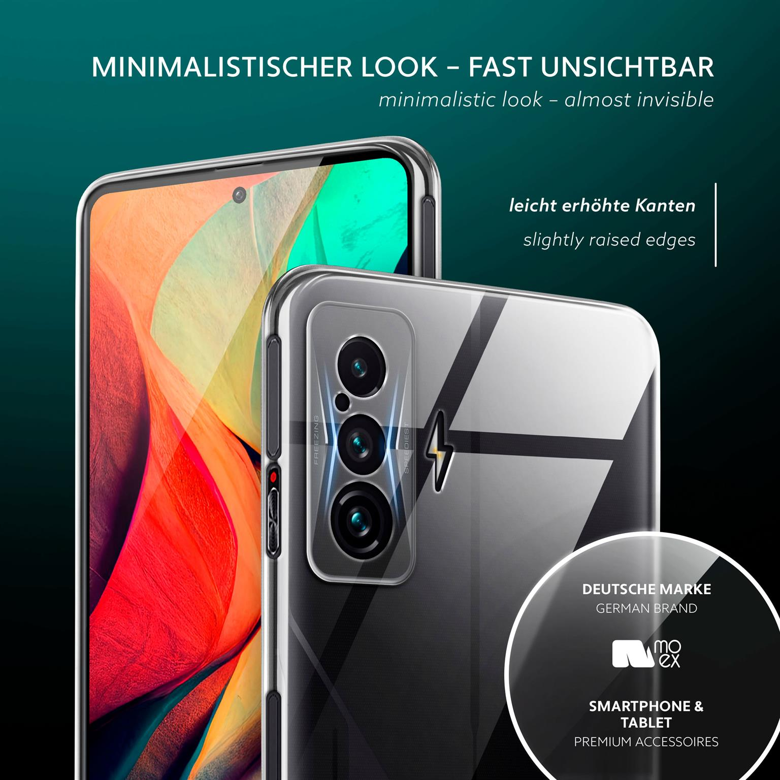 Transparente Handyhülle auf Telefon, mit Text über minimalistisches Design.