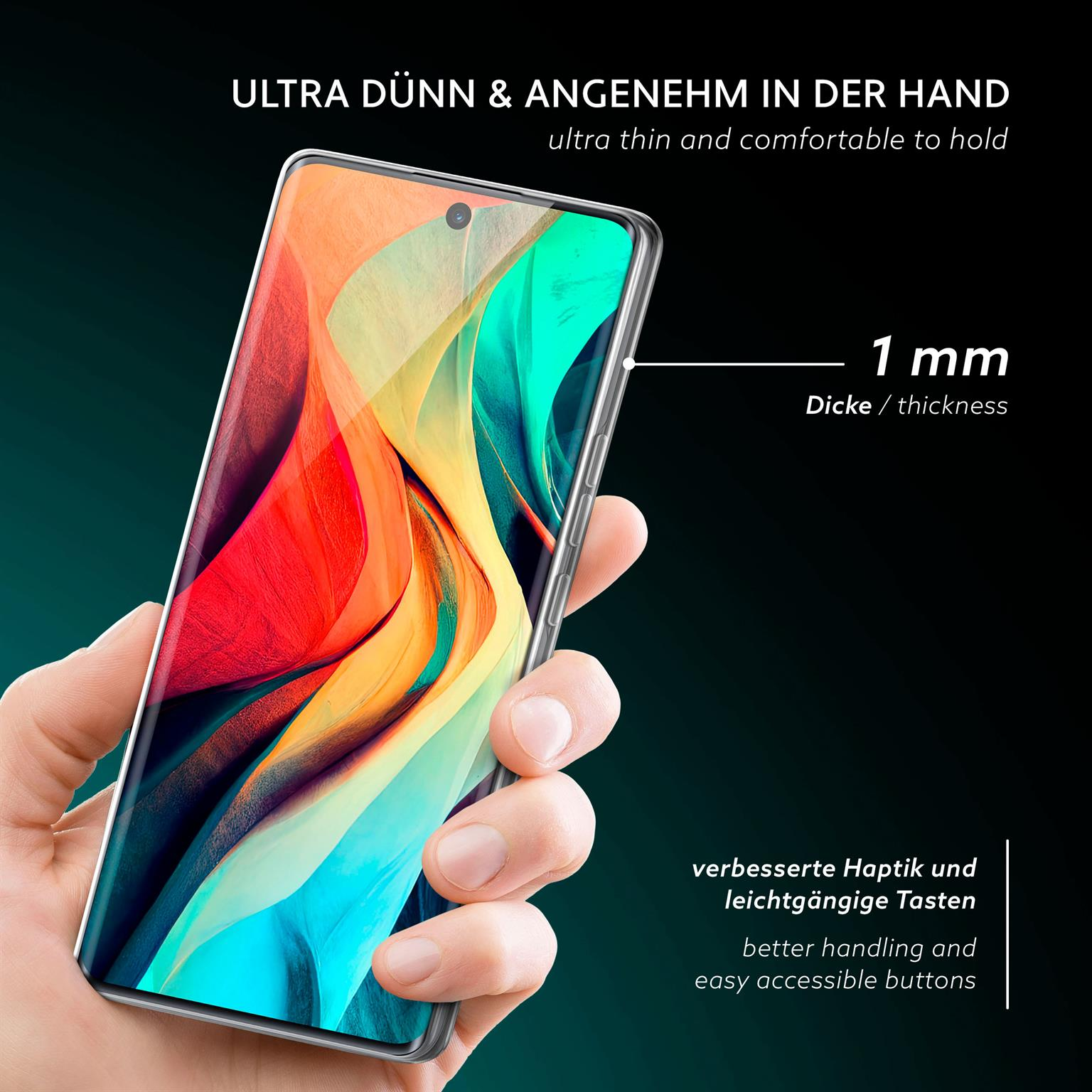 Hand hält Telefon in klarer Hülle. Text: ultradünn, und 1mm Dicke.