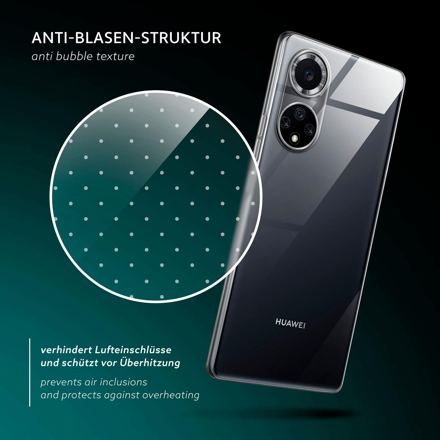 Transparente Handyhülle auf einem Telefon. Punkte auf dem Bildschirm. Dunkler Hintergrund.