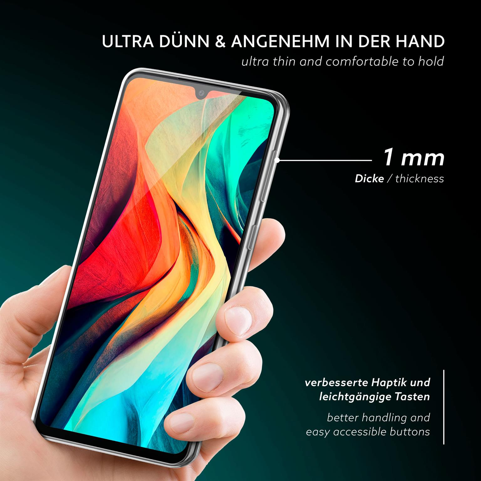 Hand hält Telefon. Telefon in klarer Hülle, 1 mm dick, Text zur Dicke.
