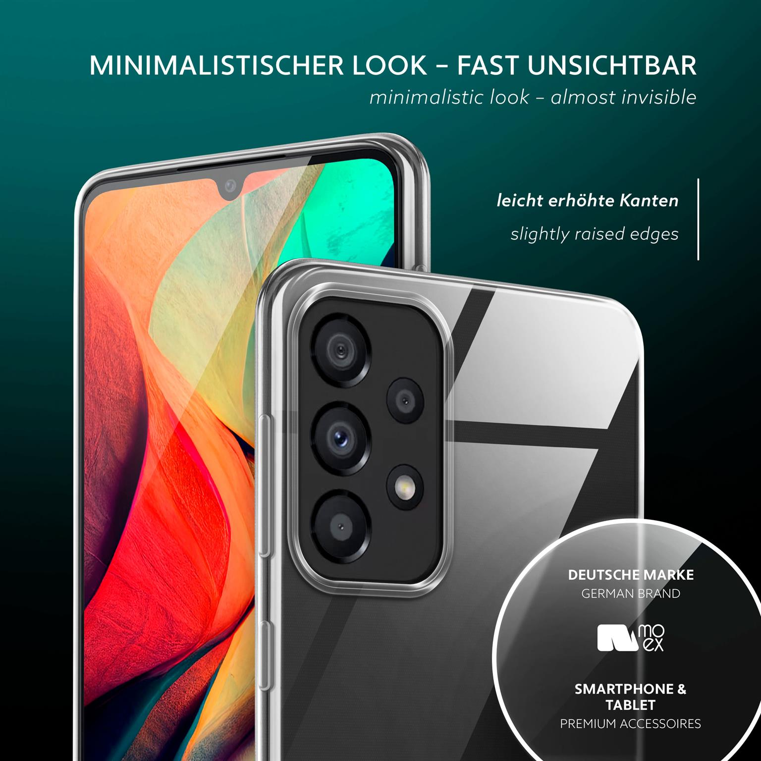 Transparente Handyhülle auf einem Telefon, Nahaufnahme des Kameramoduls und Logo.
