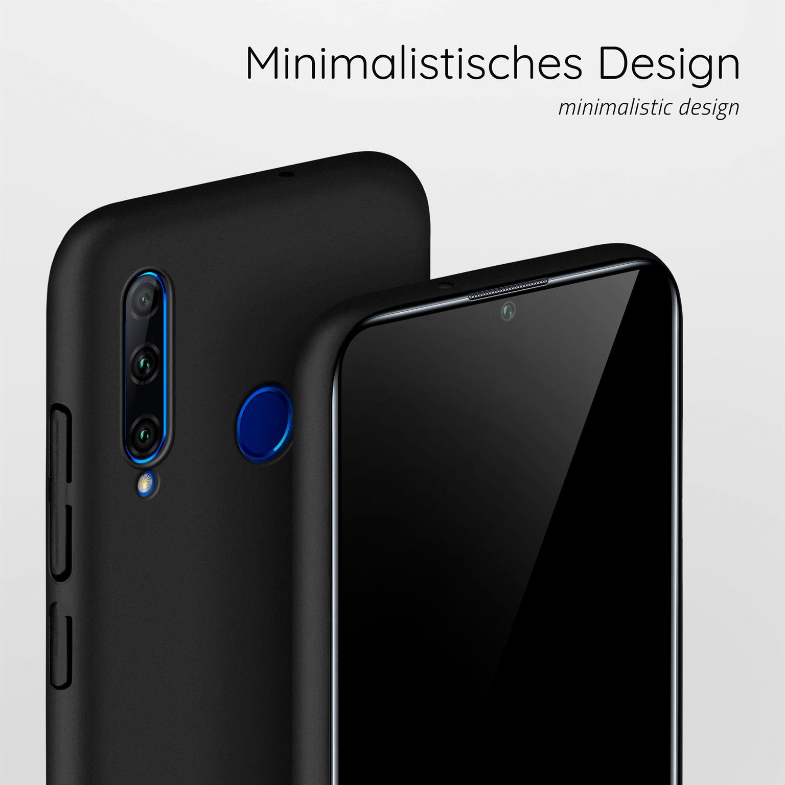 Zwei schwarze Telefone mit Hüllen, Rück- und Vorderansicht. Minimalistisches Design. Schwarze Handyhülle mit blauem Kameraring.