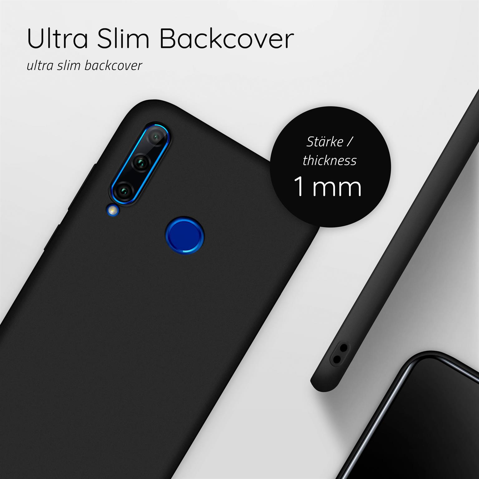 Schwarze Handyhülle mit Text: Ultra Slim Backcover, Dicke 1 mm. Weißer Hintergrund.