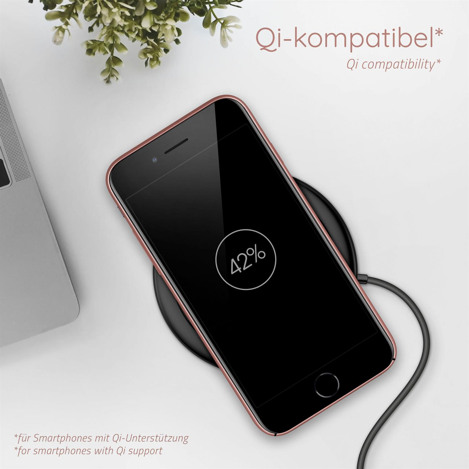 Telefon auf kabellosem Ladegerät, Akku bei 42 %. Weißer Hintergrund, Pflanze links.