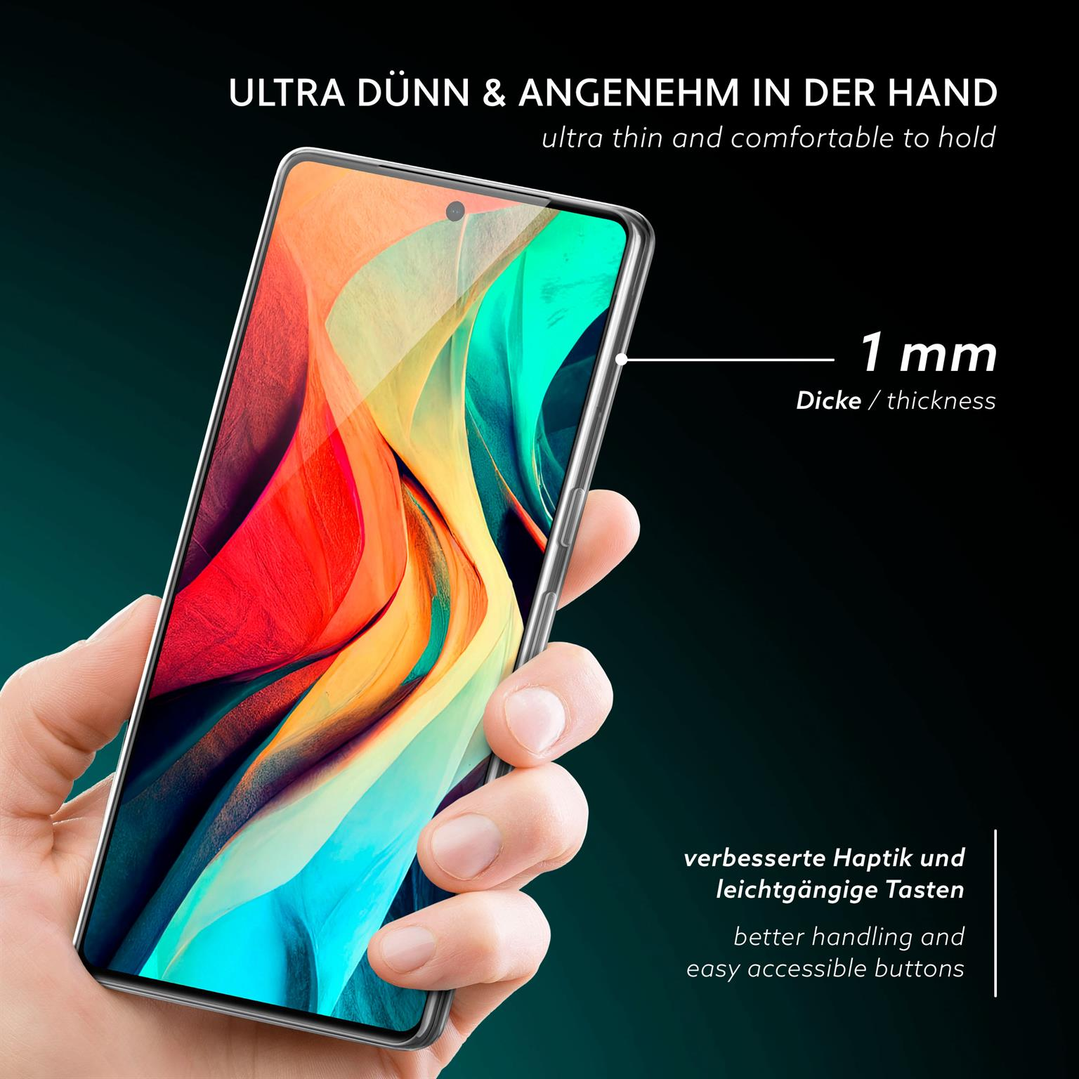 Hand hält Telefon in klarer Hülle, zeigt 1mm Dicke.