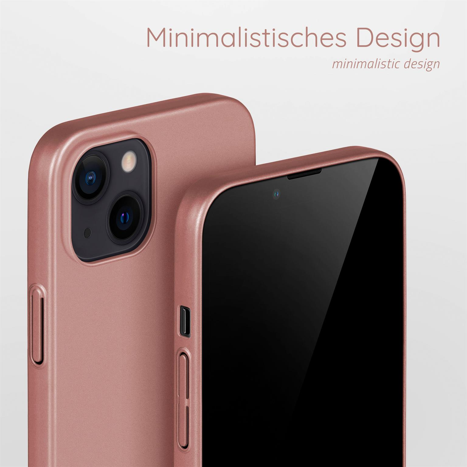 Zwei Handyhüllen: eine links, eine, die ein Handy rechts bedeckt. Roségoldene Farbe, schwarzer Bildschirm.