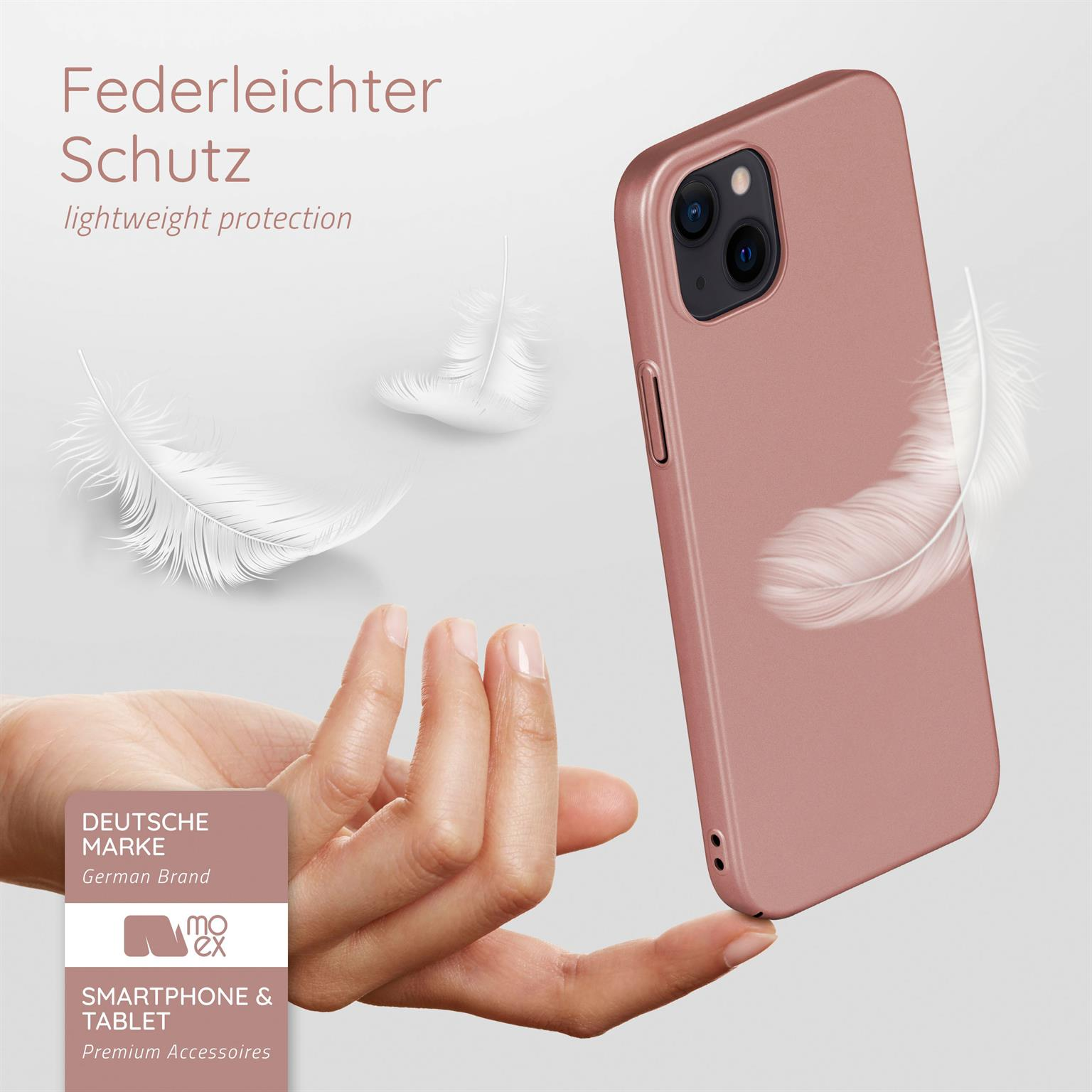Hand hält pinke Handyhülle mit Federn. Text: Leichter Schutz.