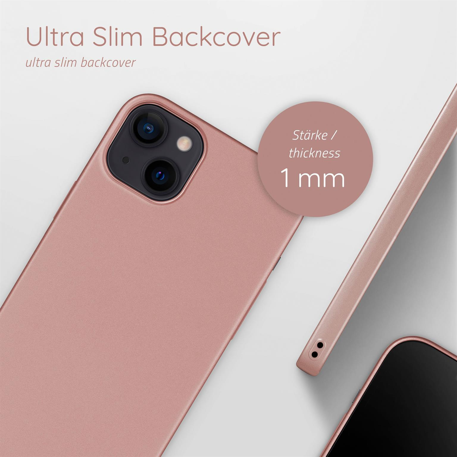 Roségoldfarbene Handyhülle mit Telefon. Zeigt Dicke: 1 mm. Ultra schlanke Rückseite.