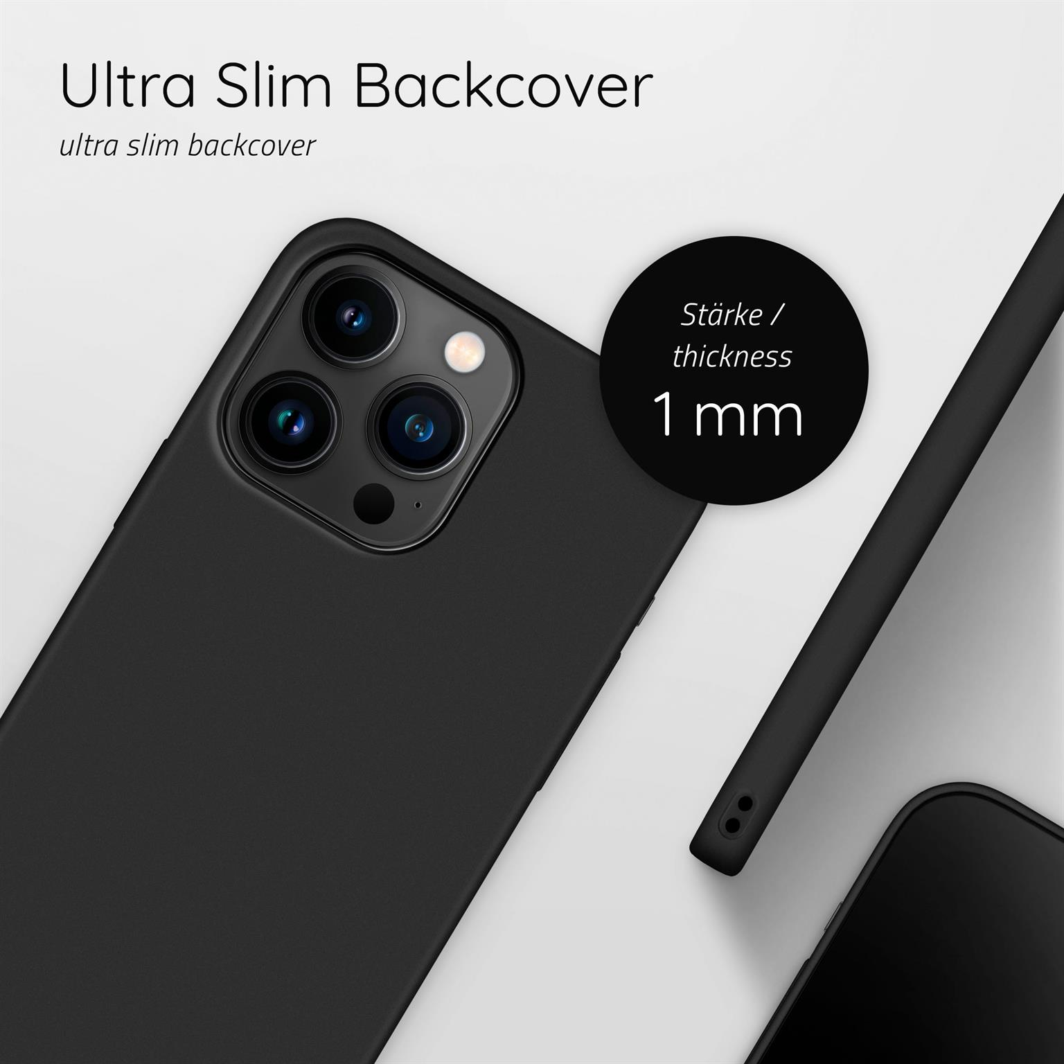 Schwarze Handyhülle mit 1 mm Dicke-Notiz, auf weißem Hintergrund, mit einem schwarzen Telefon.