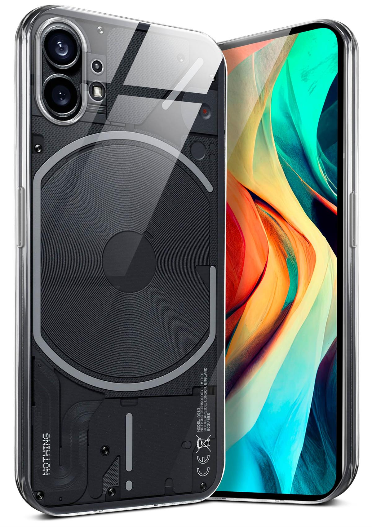 Nothing-Telefon in einer durchsichtigen Hülle. Telefon ist schwarz, Hülle hat Muster. Bildschirm zeigt bunte abstrakte Kunst.