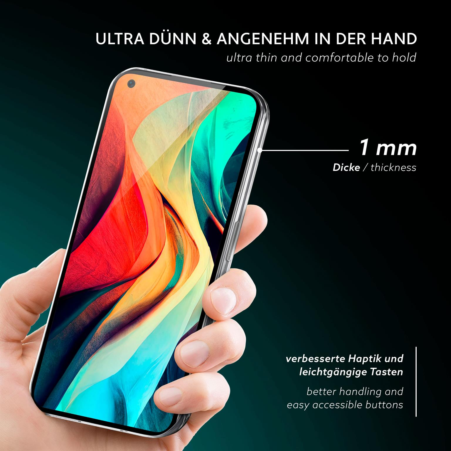 Hand hält Telefon in klarer Hülle, 1 mm dick, mit leicht zugänglichen Tasten.