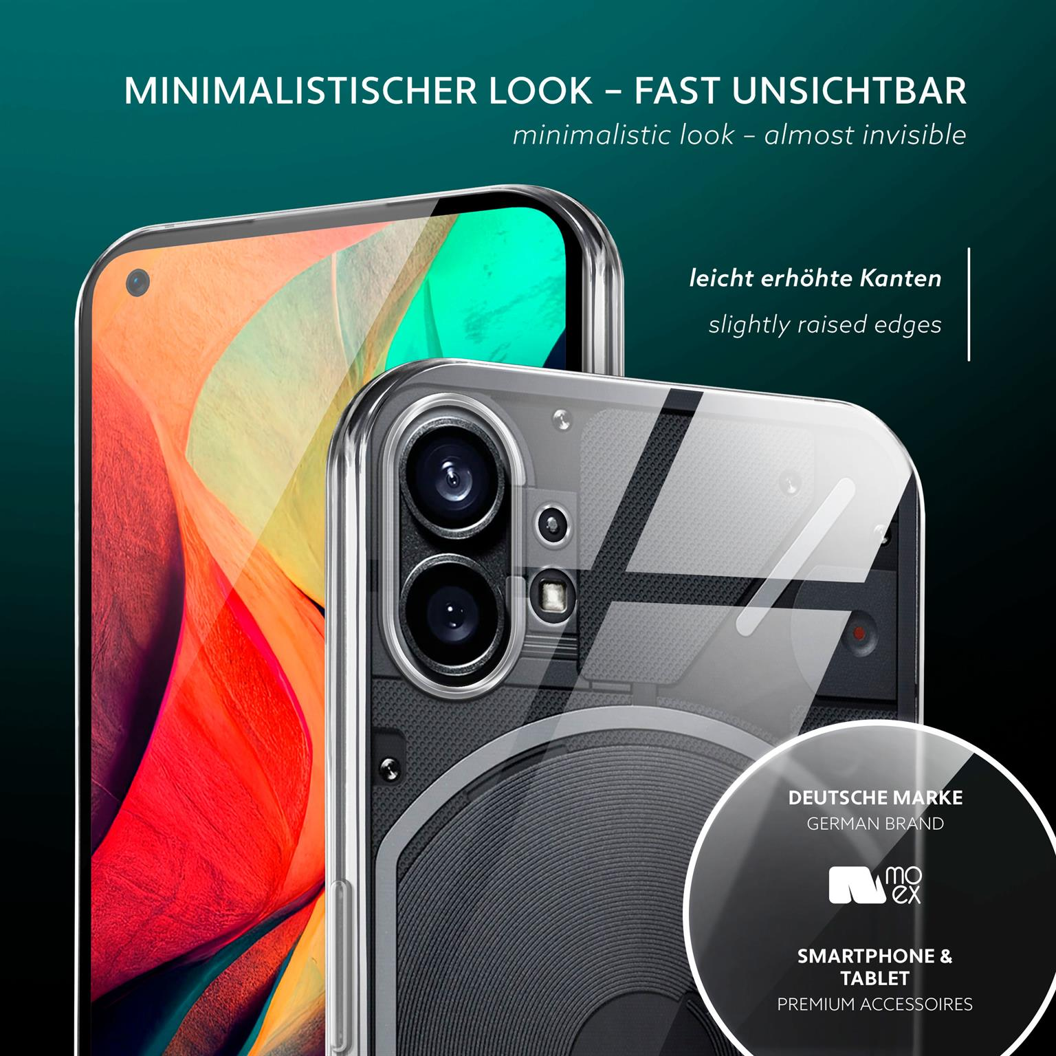Transparente Handyhülle mit einem Telefon. Text sagt 'Kristallklar, dünn und federleicht'. Federn schweben.