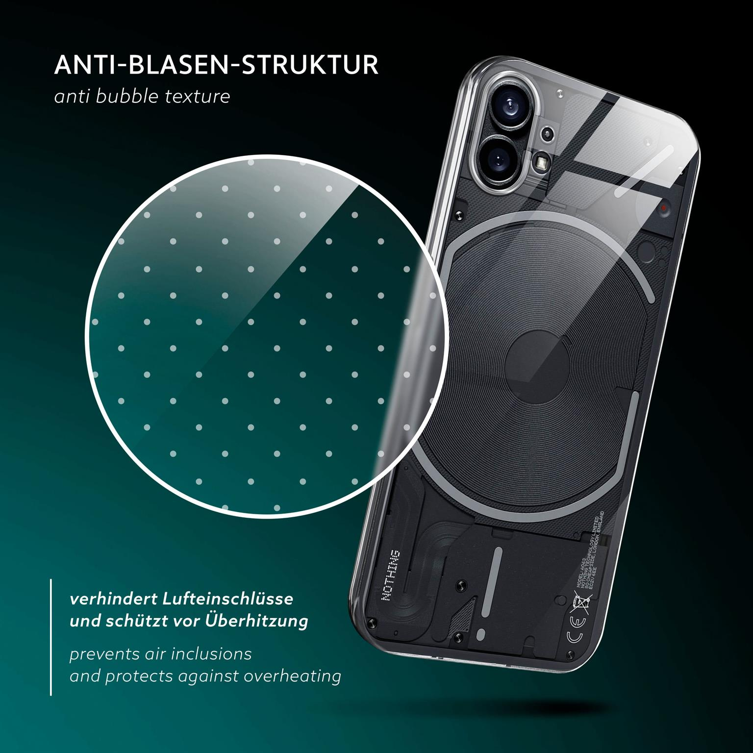 Transparente Handyhülle mit gepunktetem Design und Telefon darin.