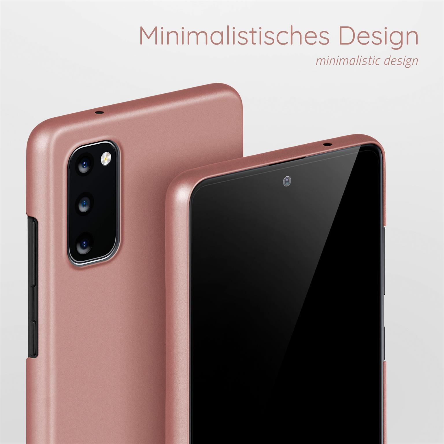 Zwei Handyhüllen in minimalistischem Design. Roségold-Farbe. Weißer Hintergrund.
