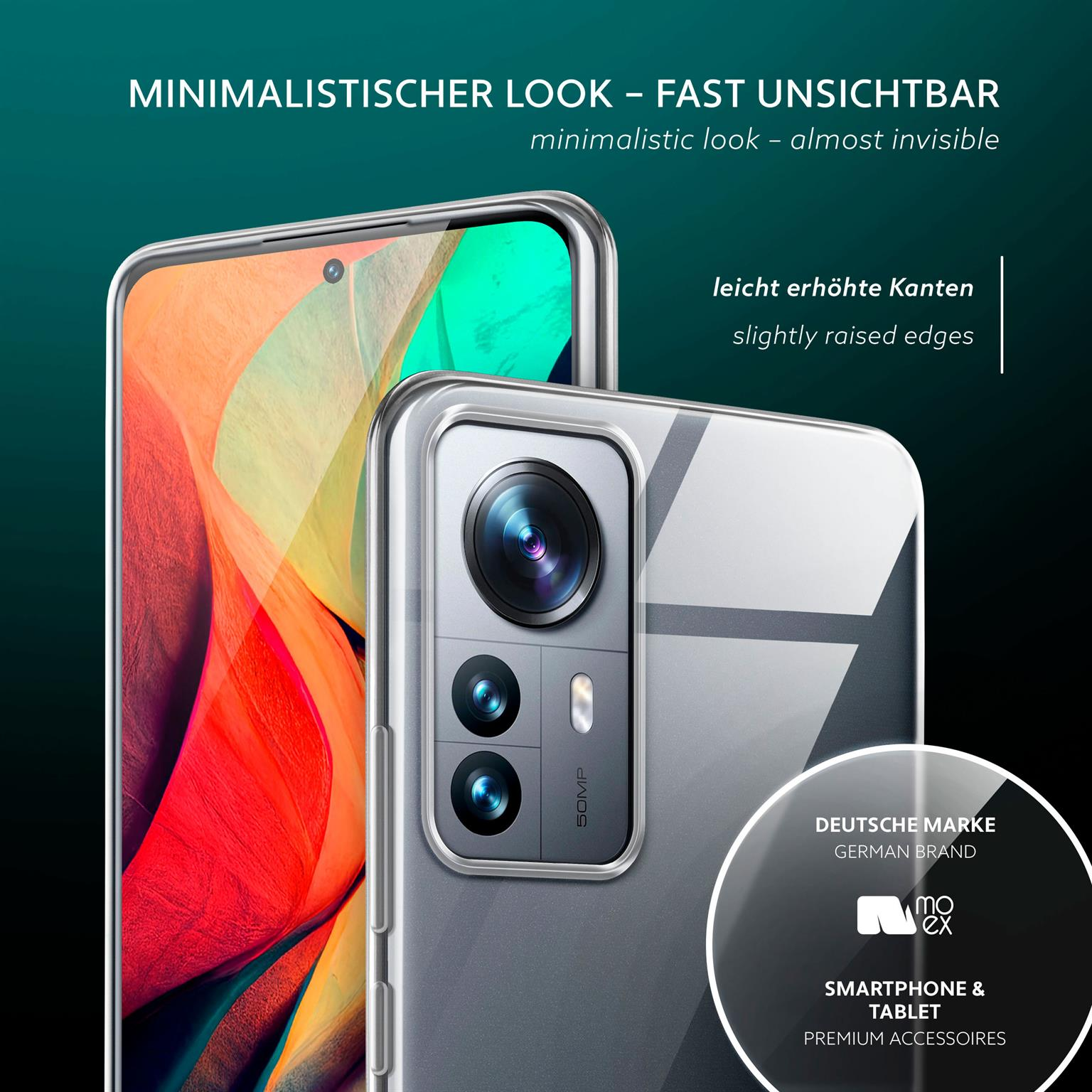 Eine transparente Handyhülle mit einem Telefon darin, die ein minimalistisches Design hervorhebt.