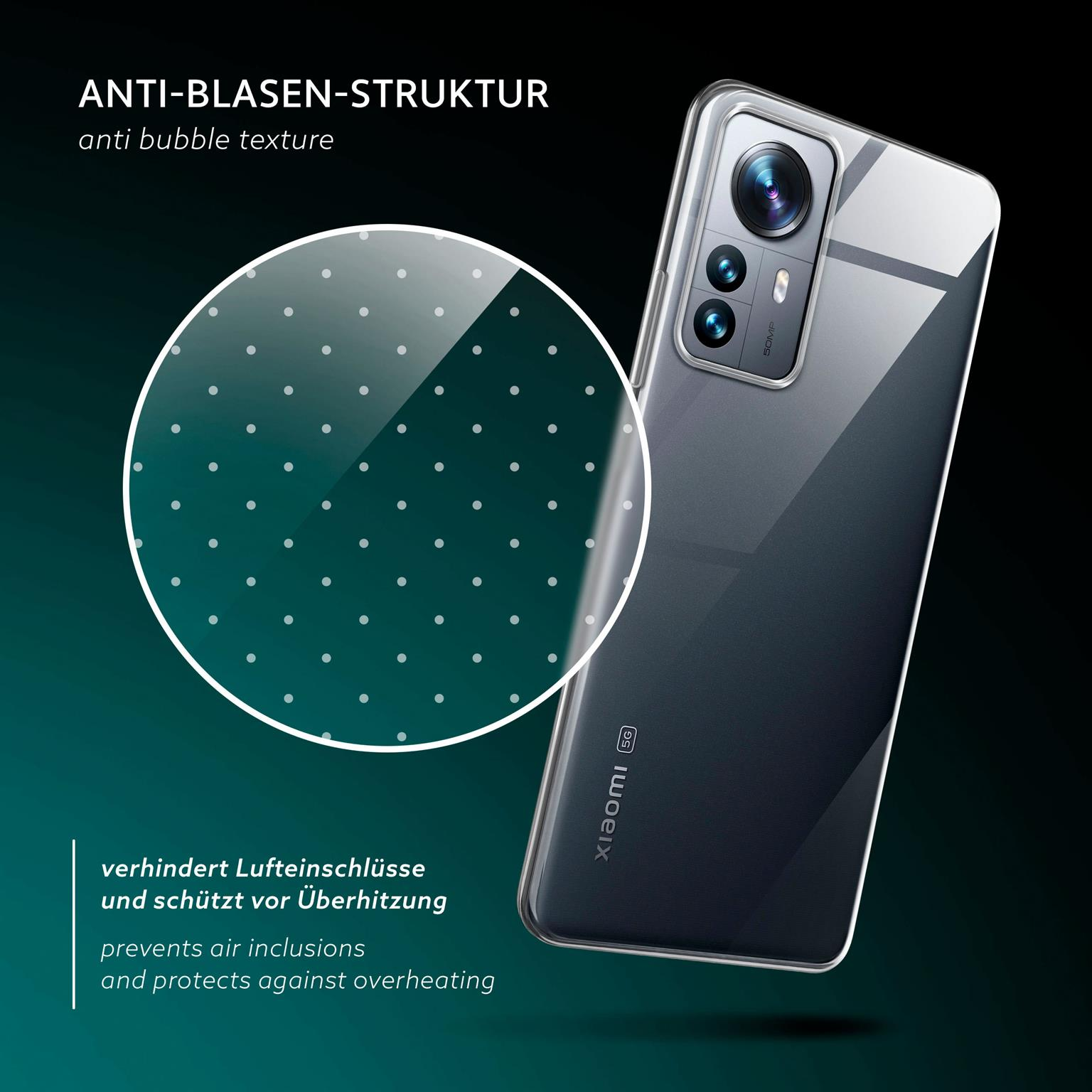 Telefon in klarer Hülle mit Anti-Blasen-Struktur, verhindert Lufteinschlüsse und Überhitzung.