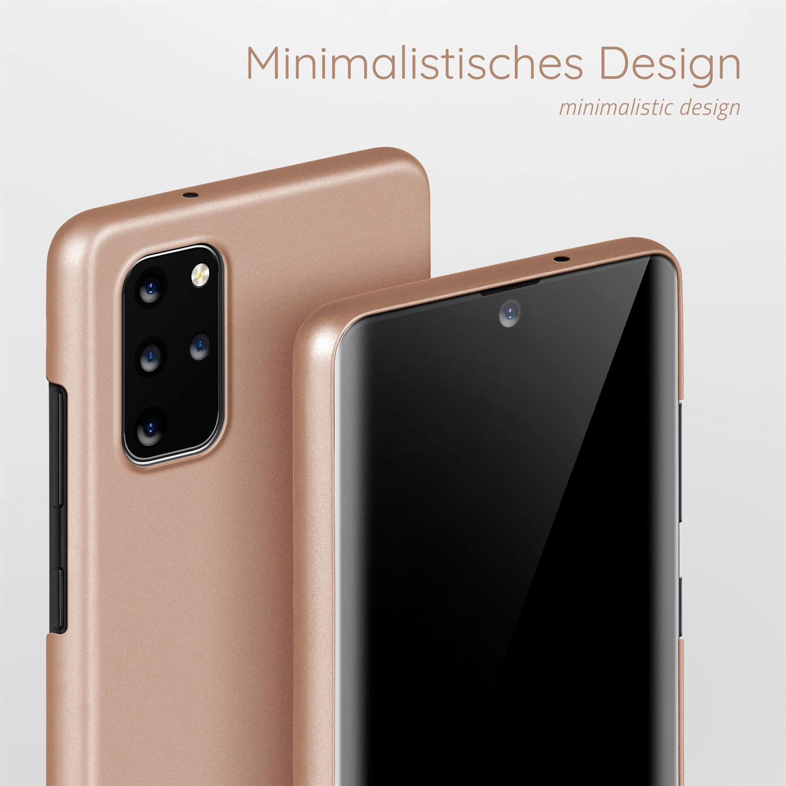 Zwei Handyhüllen. Minimalistisches Design. Roségoldene Farbe. Eine bedeckt die Rückseite, die andere den Bildschirm.