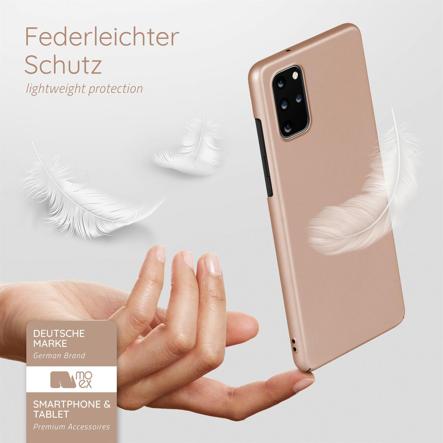 Eine Hand hält ein Telefon mit einer goldenen Hülle. Federn schweben herum. Text: 'leichter Schutz'.