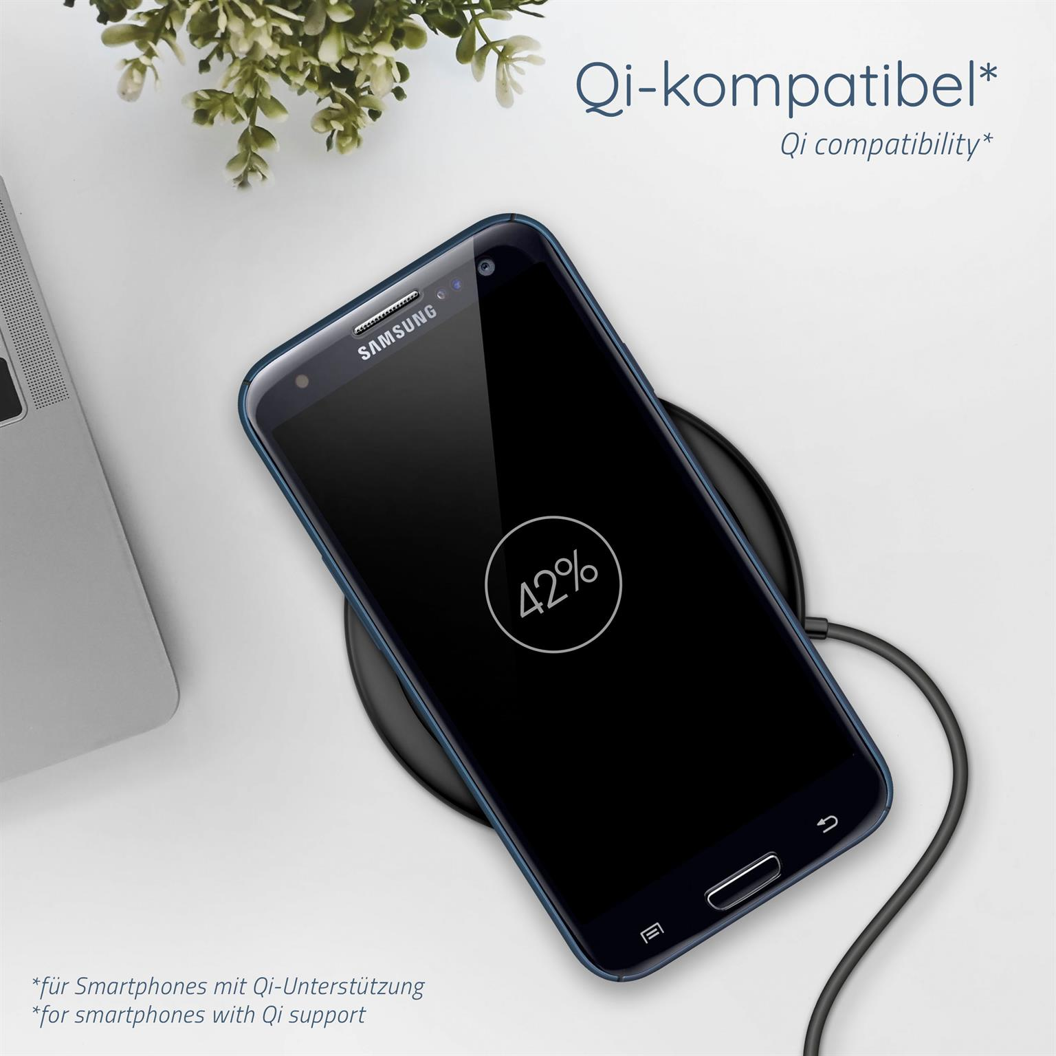 Telefon lädt auf kabellosem Ladegerät. Text: 'Qi-kompatibel' und 'für Smartphones mit Qi-Unterstützung'.