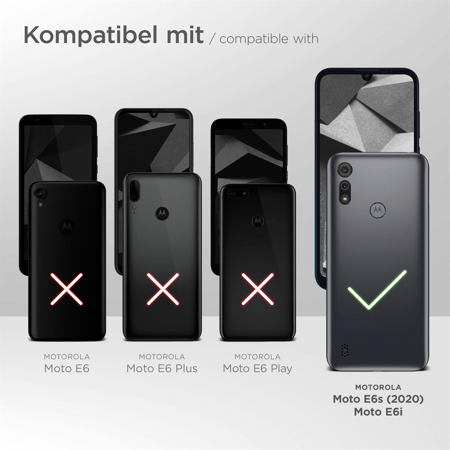 Telefone mit Hüllen, einige mit X-Markierungen, eines mit einem Häkchen. Schwarzer Hintergrund.