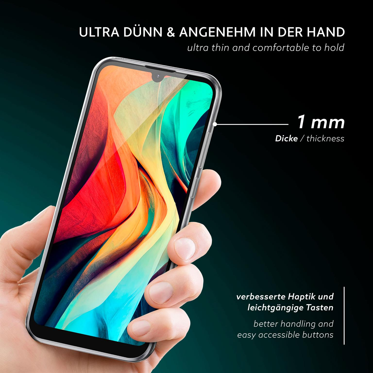 Hand hält Telefon mit transparenter Hülle, schwarzer Hintergrund, weißer Text.