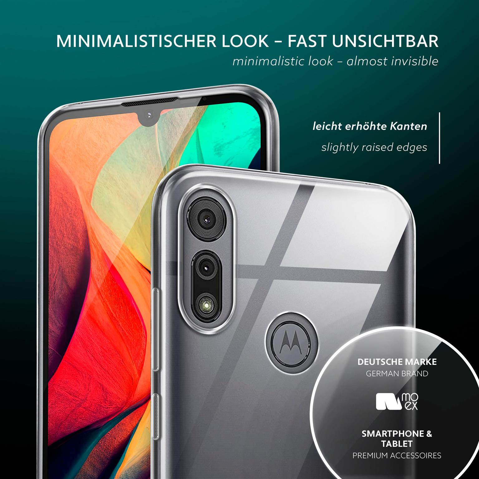 Zwei Telefone in transparenten Hüllen, Text erwähnt minimalistischen Look und erhöhte Kanten.