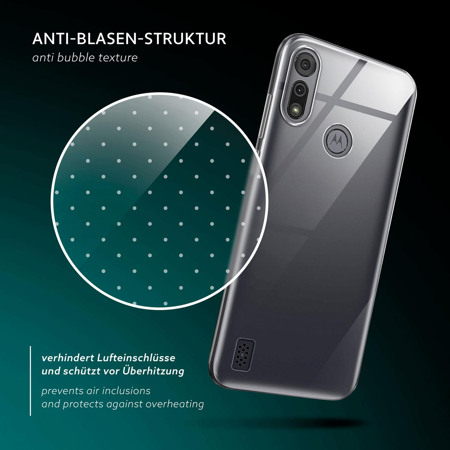 Transparente Handyhülle auf einem Telefon mit gepunktetem Design, dunkler Hintergrund.