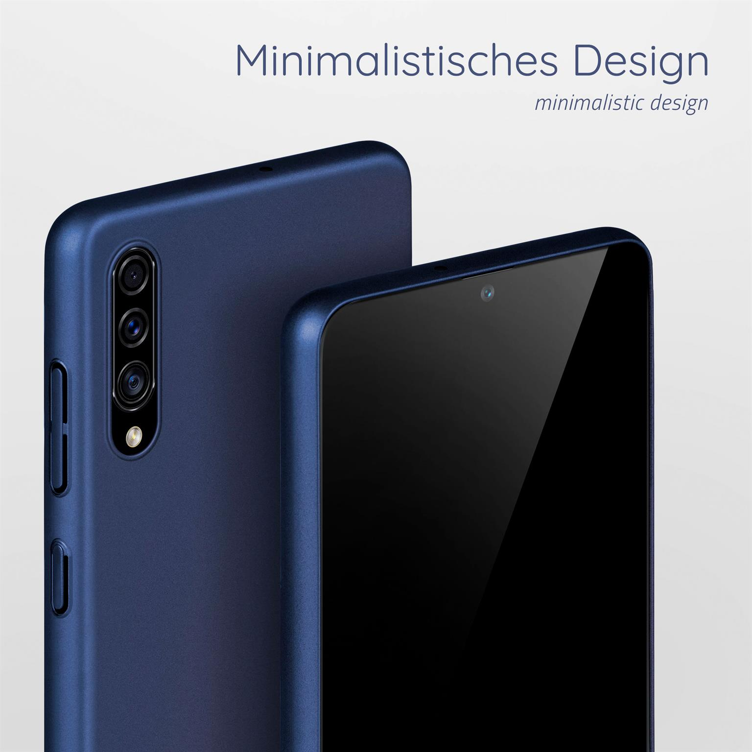 Blaue Handyhülle. Minimalistisches Design mit blauer Hülle. Schwarzer Bildschirm. Weißer Hintergrund.