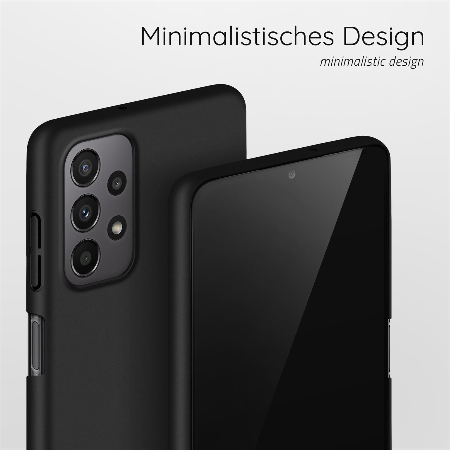 Zwei schwarze Handyhüllen. Die Rückseite einer Hülle ist sichtbar, die andere zeigt den Bildschirm.