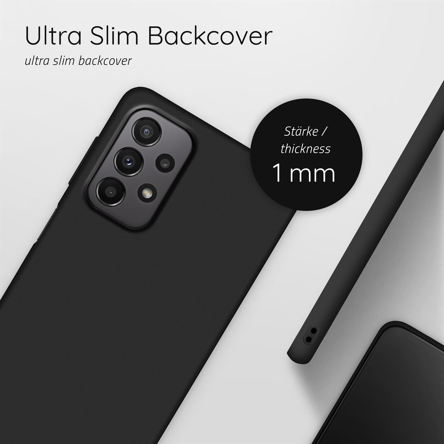 Ein schwarzes Telefon mit schwarzer Hülle, das die Rückseite des Telefons und die 1 mm Dicke zeigt.
