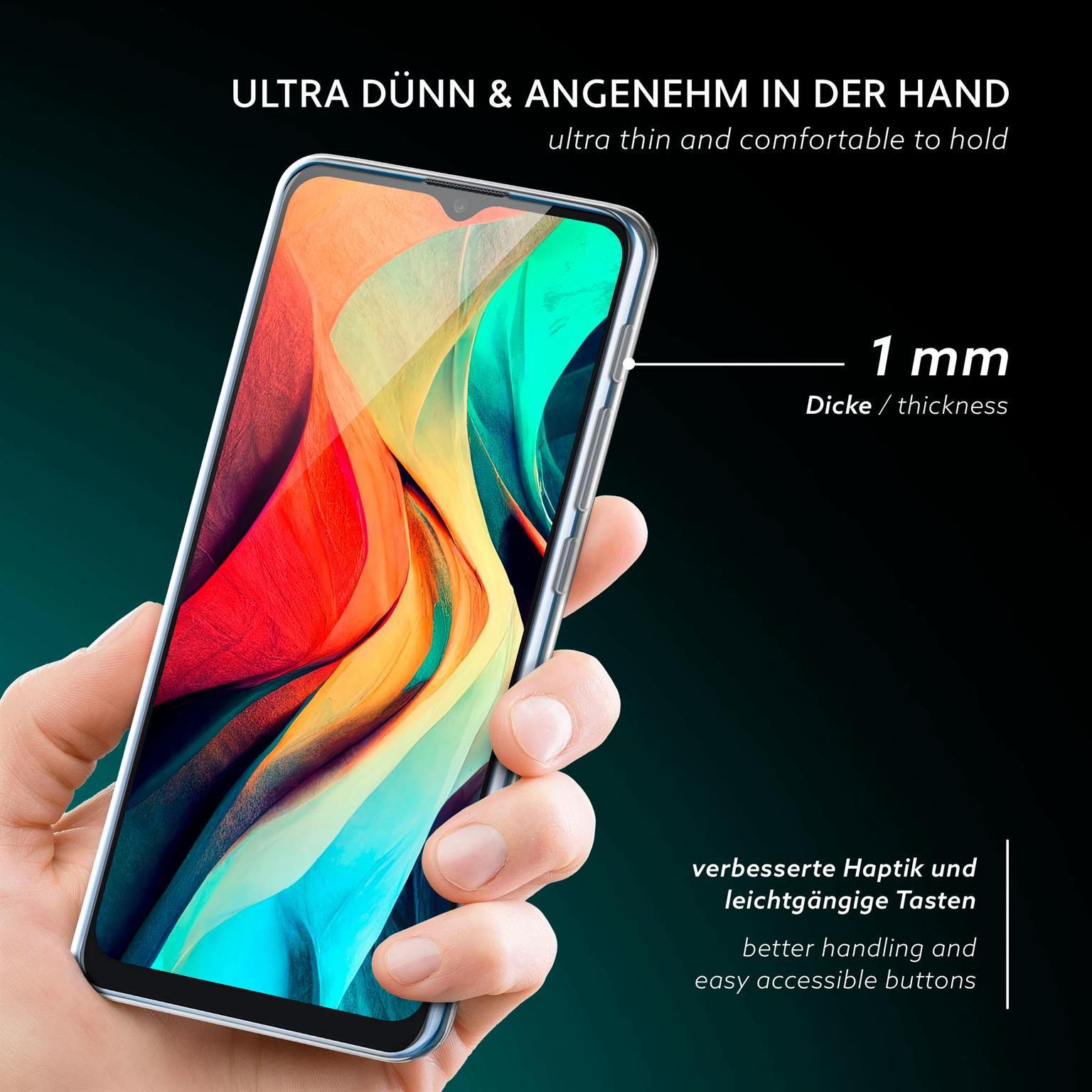 Hand hält Telefon in klarer Hülle. Text sagt ultradünn und angenehm in der Hand, 1 mm dick.