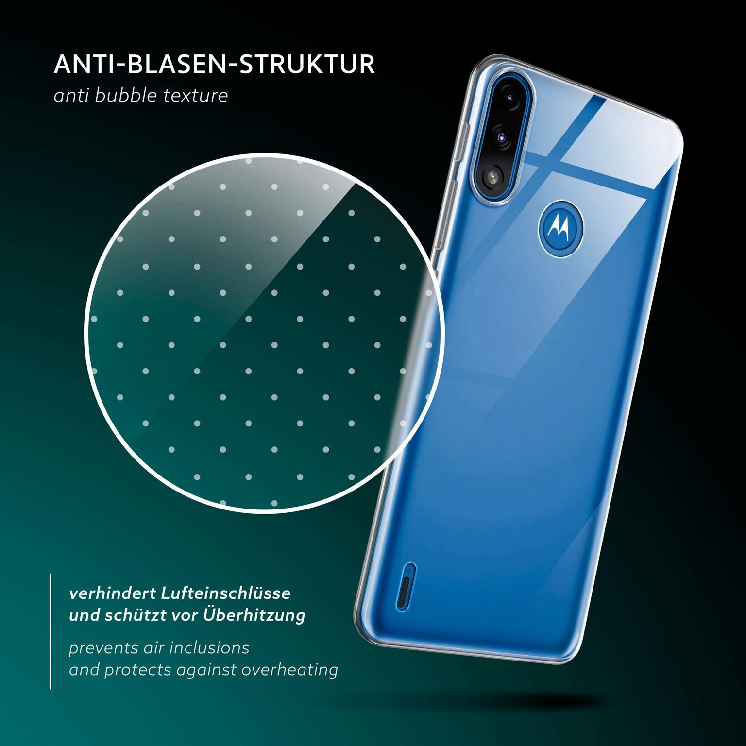 Transparente Handyhülle auf blauem Telefon, Anti-Blasen-Textur Detail. Text weist auf Schutz vor Überhitzung und Lufteinschlüssen hin.