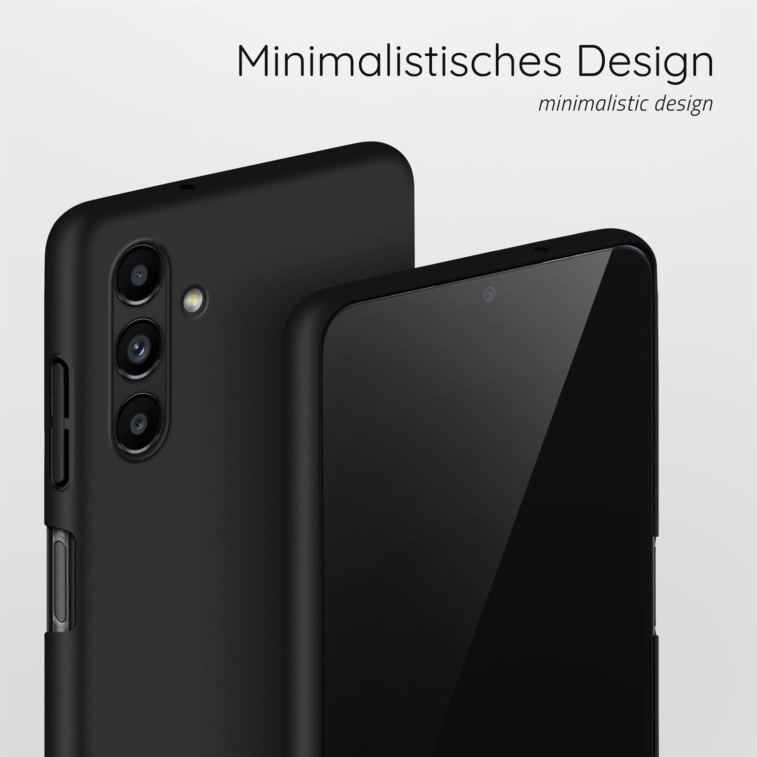 Zwei schwarze Handyhüllen, eine mit Telefon, vor weißem Hintergrund.