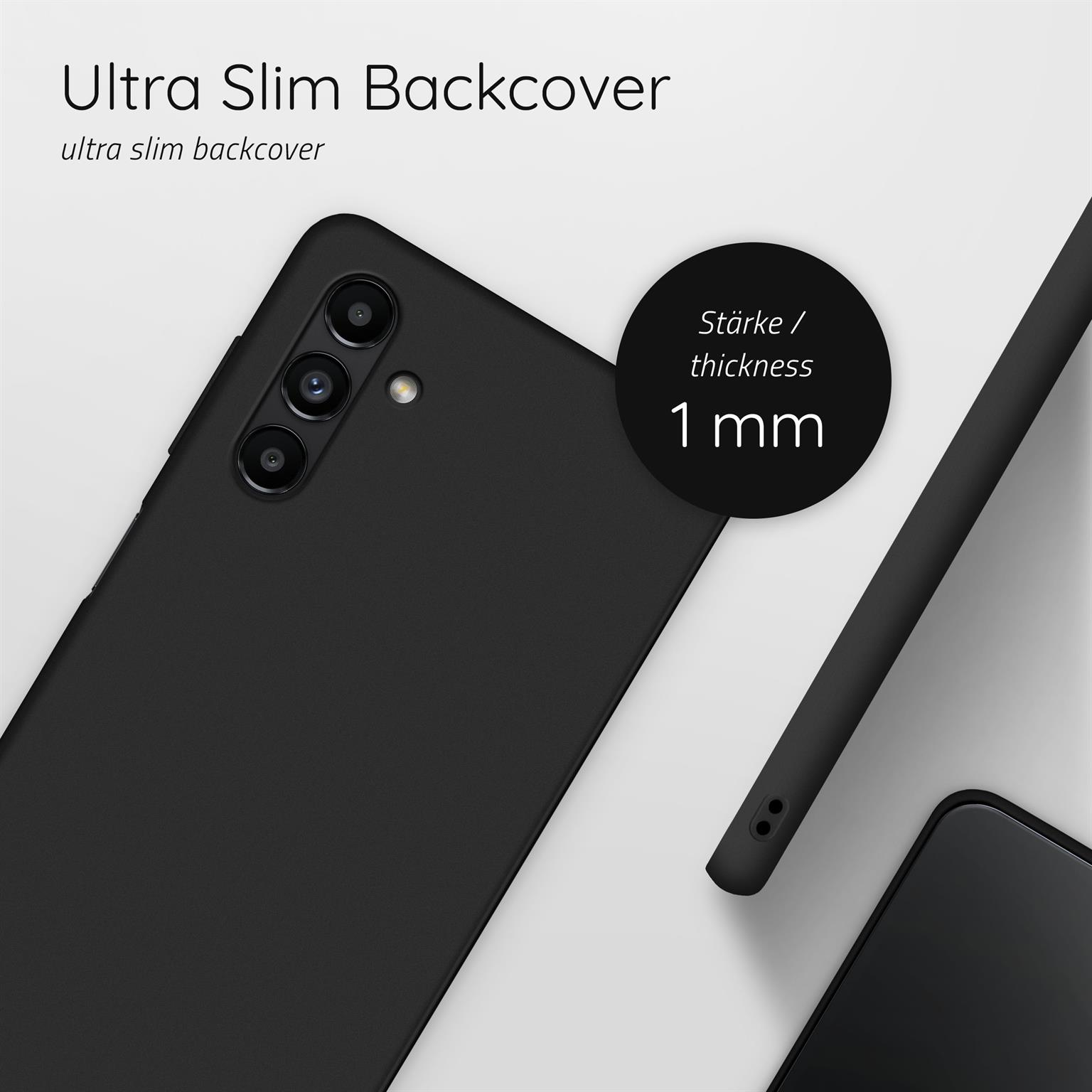 Schwarze Handyhülle mit Kamera, 1 mm dick. Text: Ultra Slim Backcover.