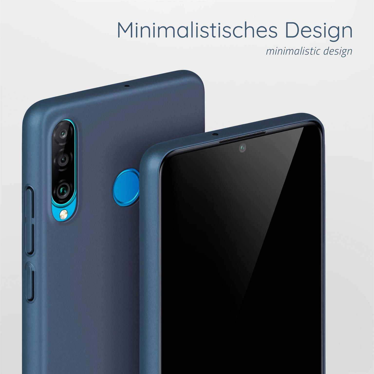 Zwei blaue Handyhüllen, eine mit Kamera und Blitz.