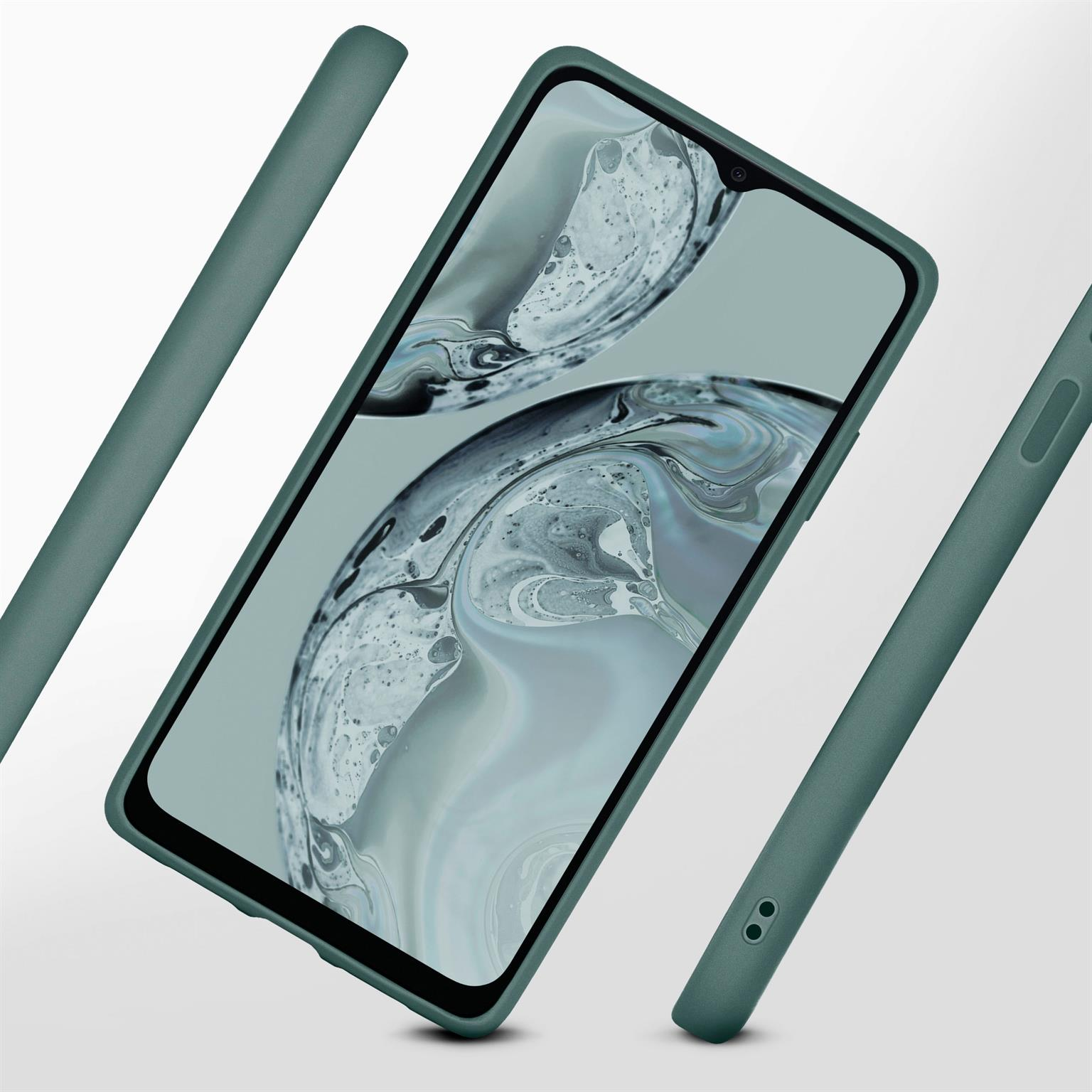 Grüne Handyhülle mit Telefon darin. Zwei grüne Seitenteile und ein Haupttelefon mit Bildschirm. Weißer Hintergrund.