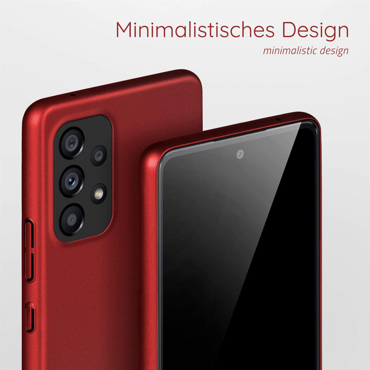 Rote Handyhülle auf einem schwarzen Telefon. Nahaufnahme. Text über das Design. Weißer Hintergrund.