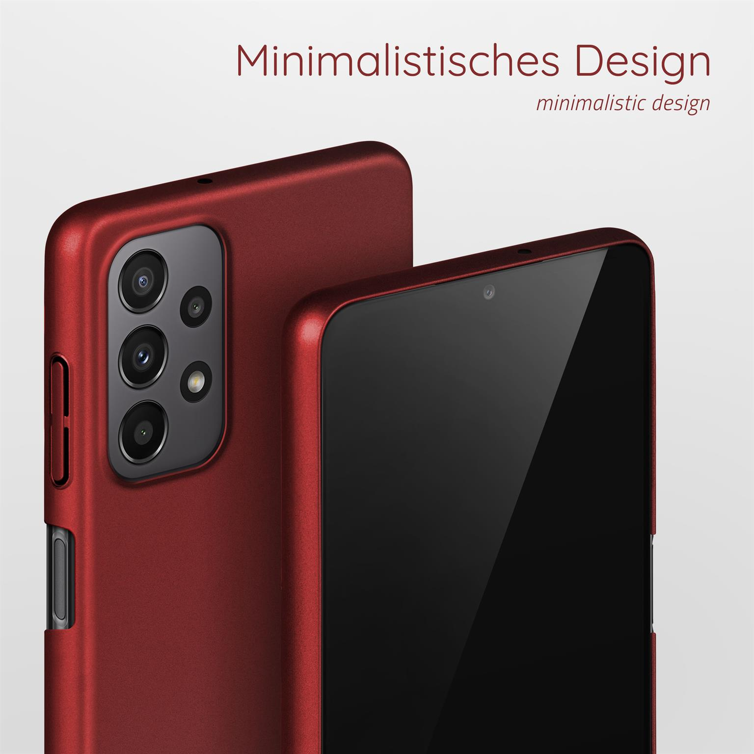 Zwei rote Telefone mit Hüllen, eines im Fokus, vor verschwommenem roten Hintergrund.