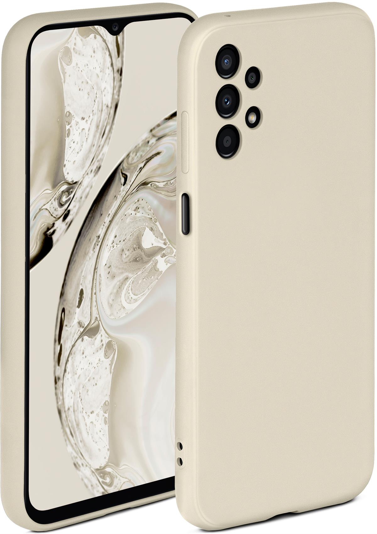 Cremefarbene Handyhülle mit schwarzem Telefon, zwei Kameras sichtbar.