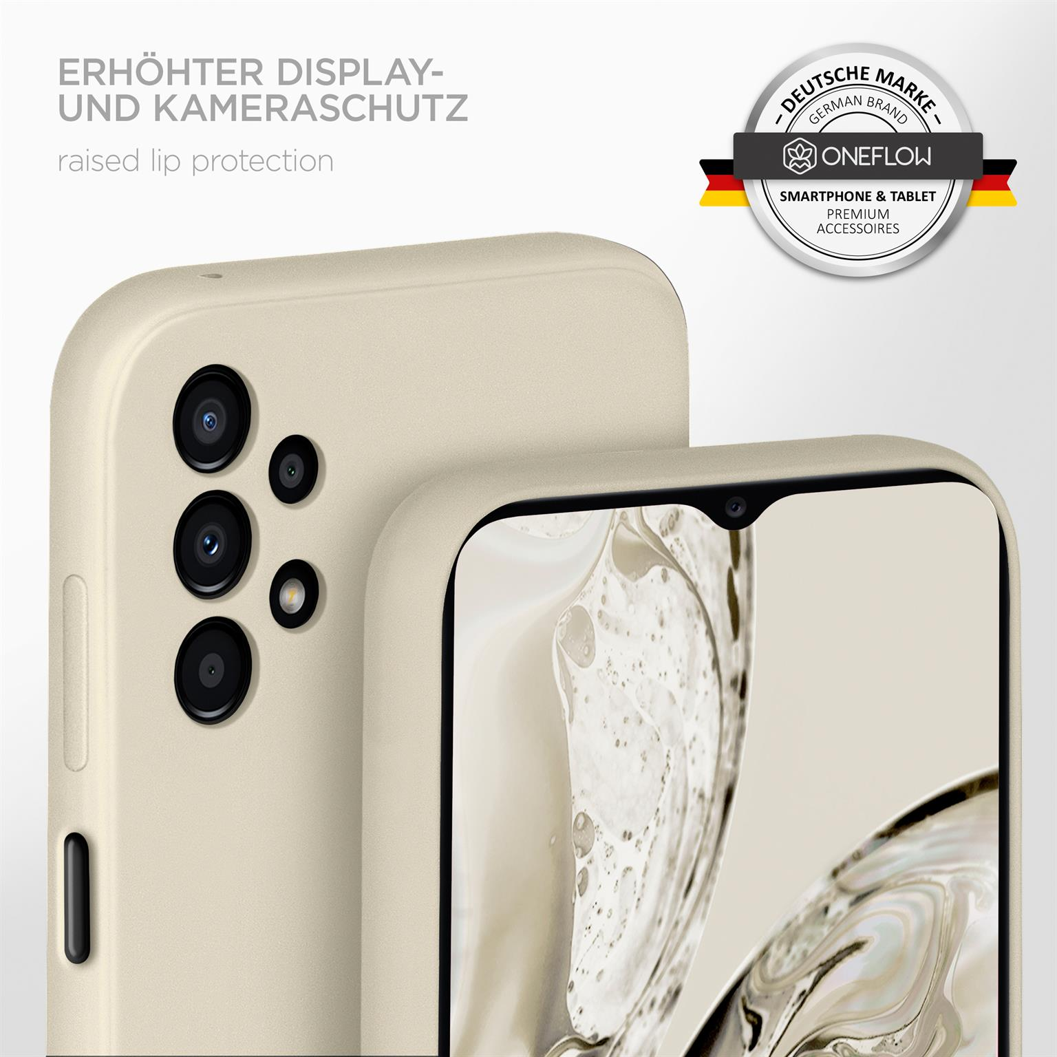 Telefon mit beiger Hülle. Kameradetails werden gezeigt. Erhöhter Lippenschutz. Weißer Hintergrund.