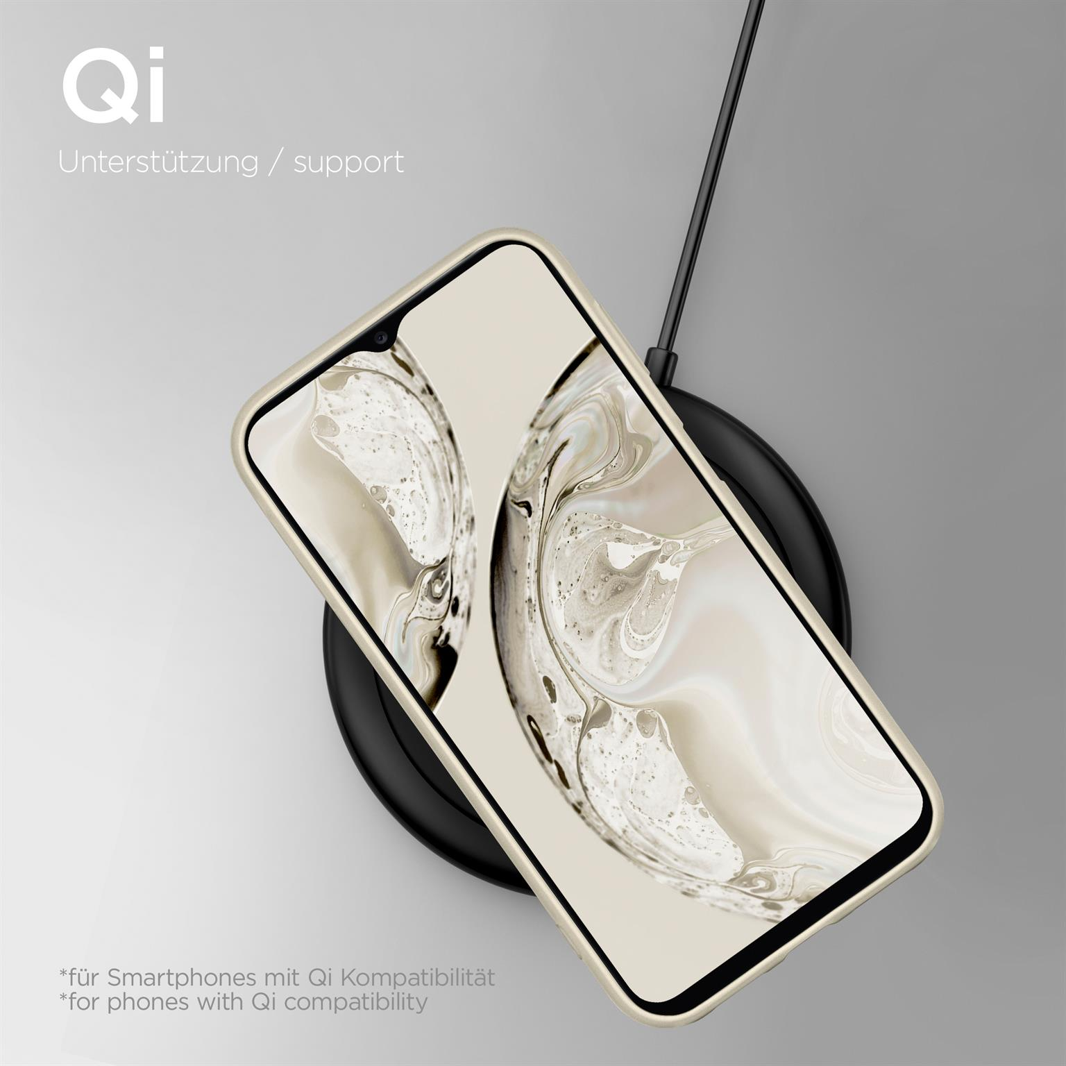 Ein Telefon, das auf einem kabellosen Ladegerät geladen wird. Text: Qi-Unterstützung. Für Qi-fähige Telefone.