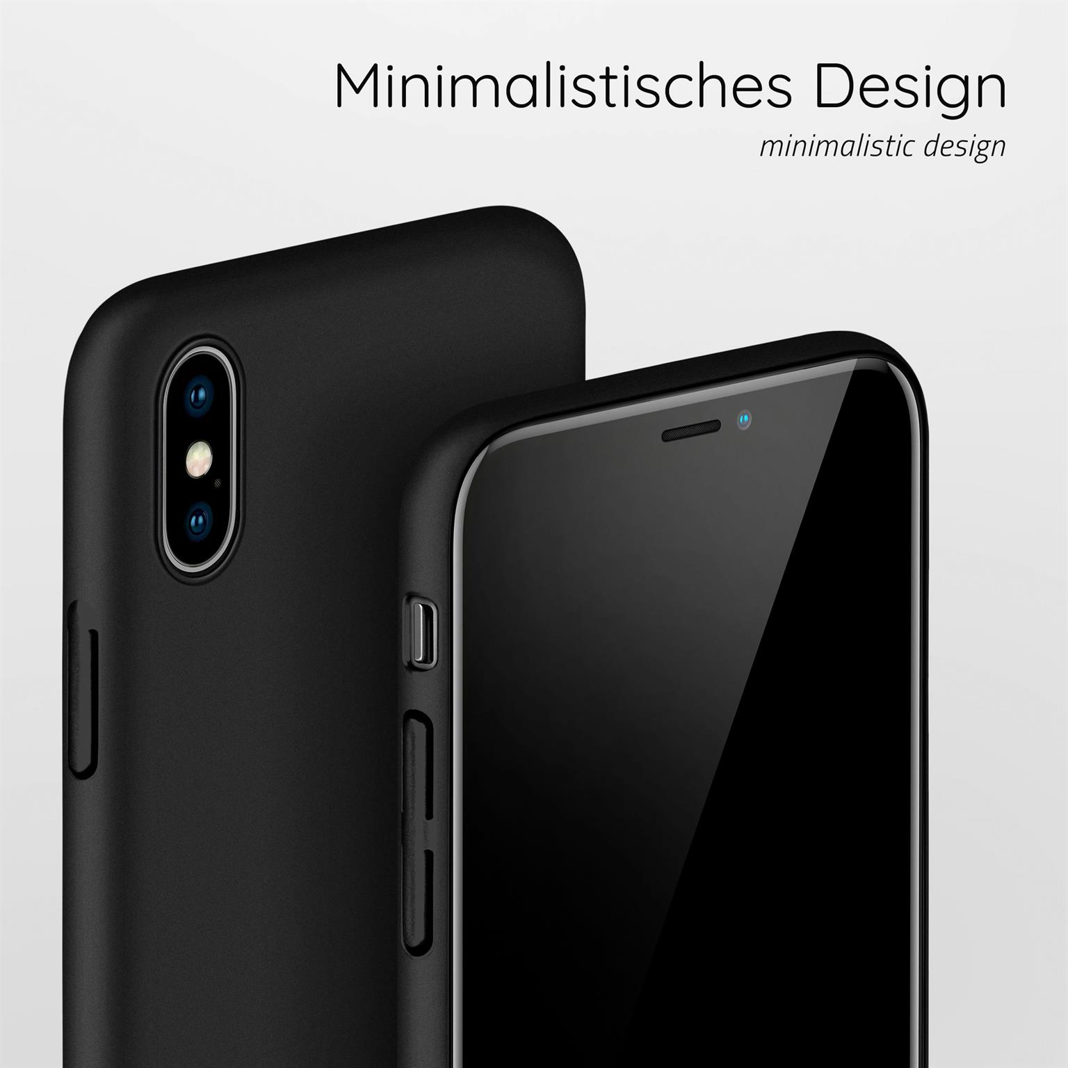 Zwei schwarze Telefone in schwarzen Hüllen. Eins hat eine Kamera. Text: minimalistisches Design.