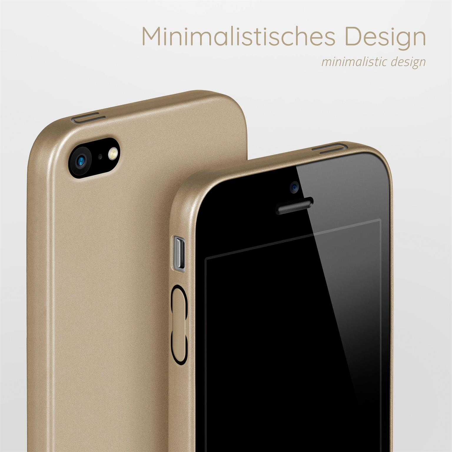 Zwei Telefone, eines in goldener Hülle. Die Hülle hat ein minimalistisches Design.