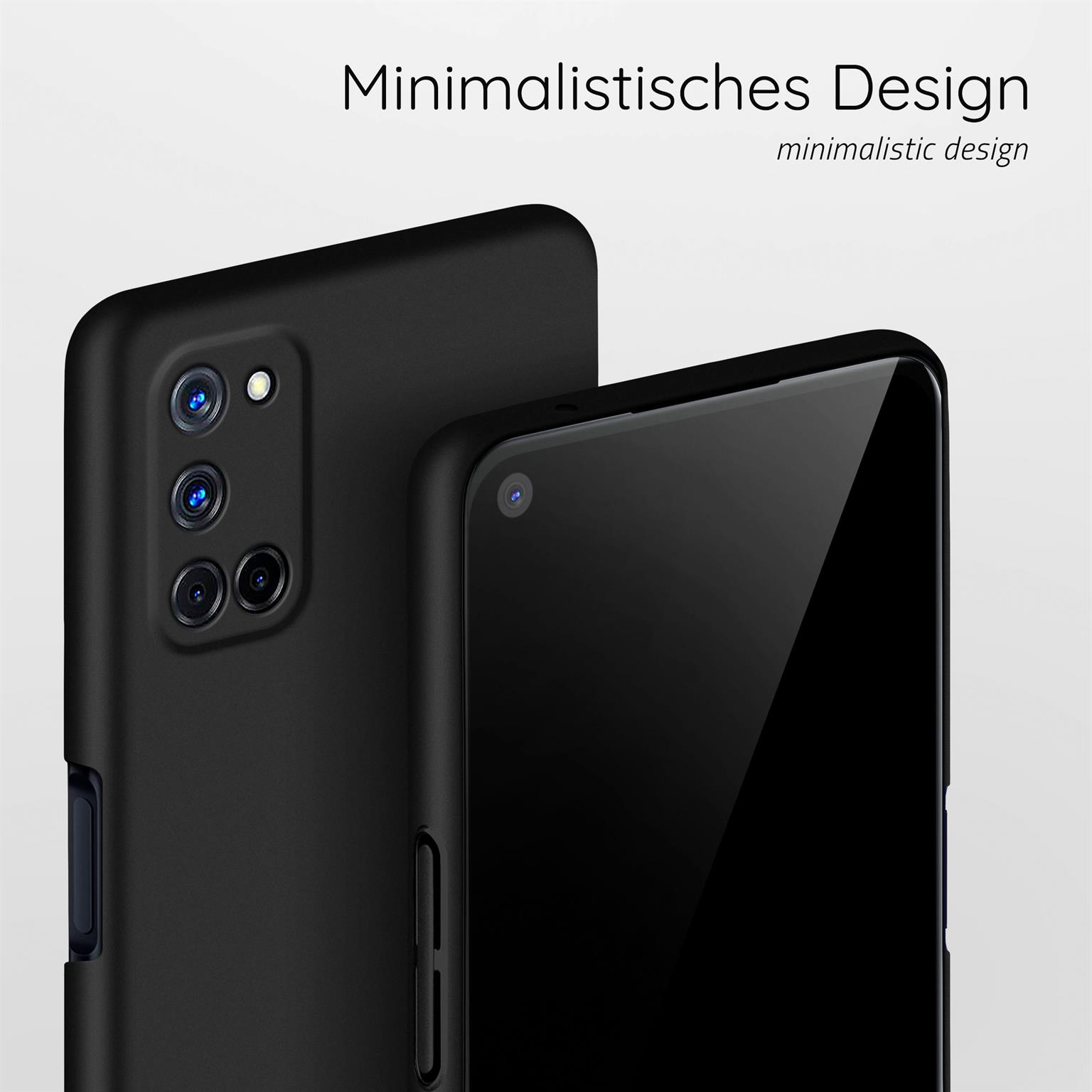 Schwarze Handyhüllen, minimalistisches Design. Zeigt zwei Hüllen, eine mit Kamera und eine ohne.